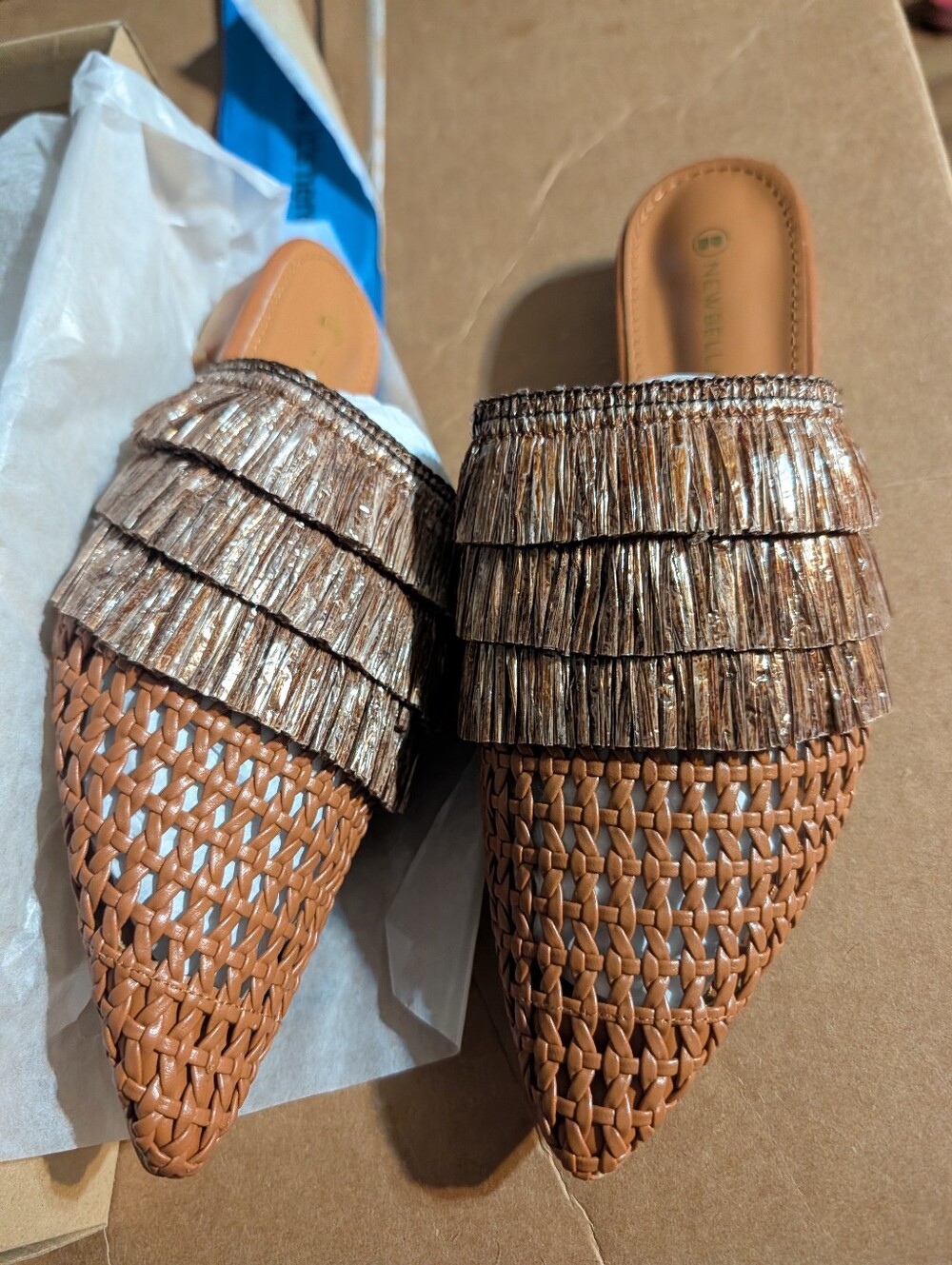 Woven Pointed-Toe Mule with Tiered Metallic Fringe - Tan